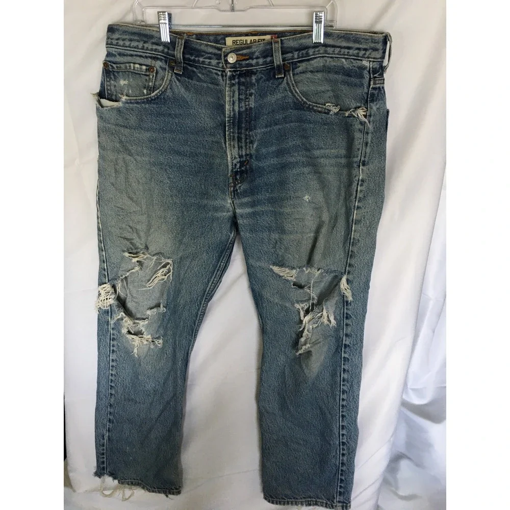 Levis 505 Regular Fit Jeans Mens Blue Distressed Straight Leg Denim Pants